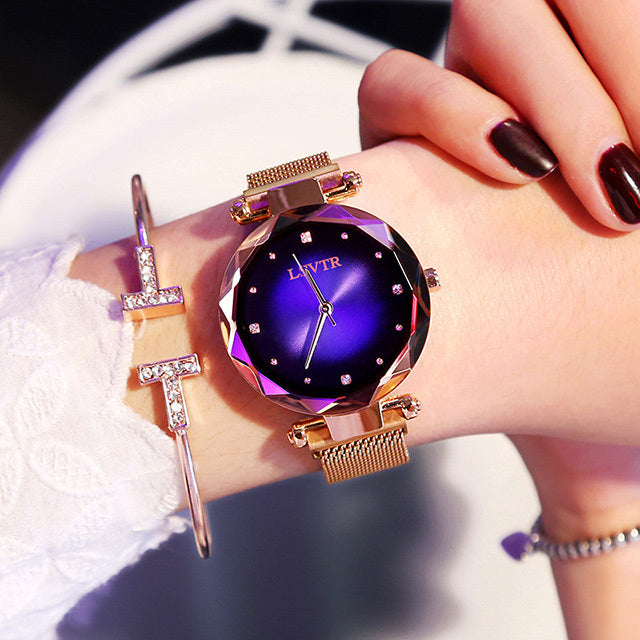 Rose Gold Women Watches Fashion Diamond Ladies Starry Sky Magnet Watch Waterproof Female Wristwatch null