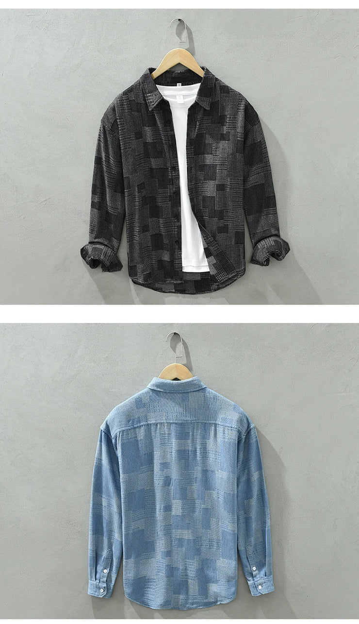 Jacquard Color Matching Casual Denim Long-sleeved Shirt Men's Loose Shirt Coat null