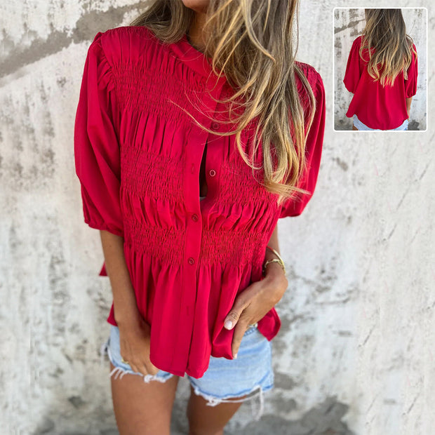 Pleated Button Short-sleeved T-shirt Casual Fashion Loose Solid Color Round Neck Shirt Summer Tops Women's Clothing null