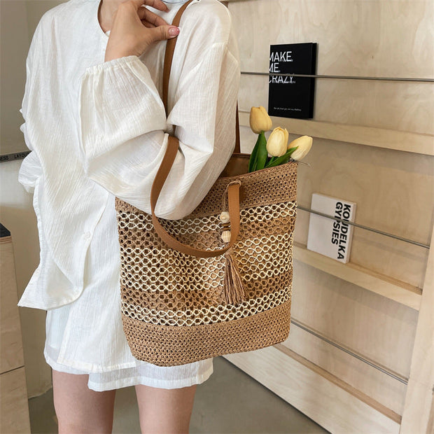 Summer Stripe Straw Sholder Bags With Tassel Pendant Fashion Large Capacity Seaside Vacation Beach Bags null