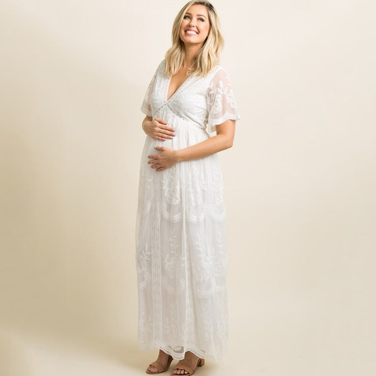 Maternity Dresses for Photo Shoot Summer V Neck White Lace Short Sleeve Pregnancy Dress Pregnant Women Photography Maxi Dress null