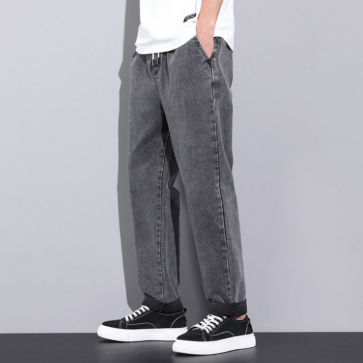 Summer Loose Wide Leg Jeans Pants Men Fashion Drawstring Elasticated Straight Trousers null