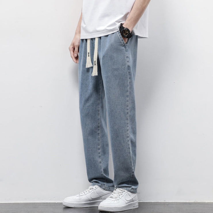 Summer Loose Wide Leg Jeans Pants Men Fashion Drawstring Elasticated Straight Trousers null