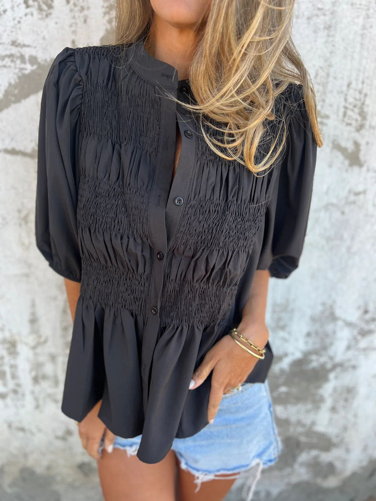 Pleated Button Short-sleeved T-shirt Casual Fashion Loose Solid Color Round Neck Shirt Summer Tops Women's Clothing null