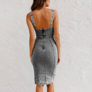 New U-neck Suspender Denim Dress Summer Casual Tight Slim Fit Dresses With Slit Design Womens Clothing null