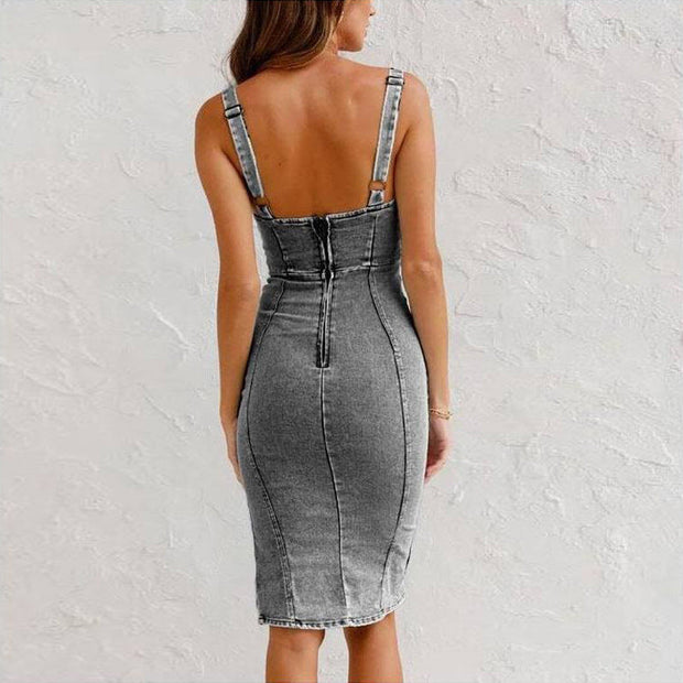 New U-neck Suspender Denim Dress Summer Casual Tight Slim Fit Dresses With Slit Design Womens Clothing null