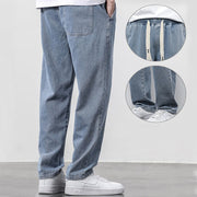 Summer Loose Wide Leg Jeans Pants Men Fashion Drawstring Elasticated Straight Trousers null