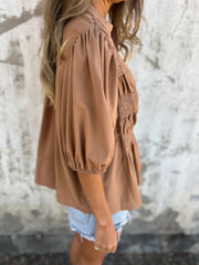 Pleated Button Short-sleeved T-shirt Casual Fashion Loose Solid Color Round Neck Shirt Summer Tops Women's Clothing null