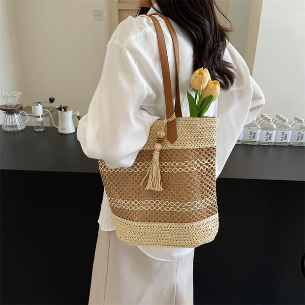 Summer Stripe Straw Sholder Bags With Tassel Pendant Fashion Large Capacity Seaside Vacation Beach Bags null