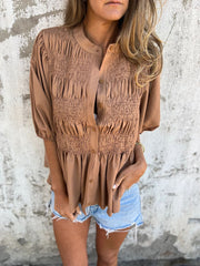 Pleated Button Short-sleeved T-shirt Casual Fashion Loose Solid Color Round Neck Shirt Summer Tops Women's Clothing null