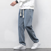 Summer Loose Wide Leg Jeans Pants Men Fashion Drawstring Elasticated Straight Trousers null