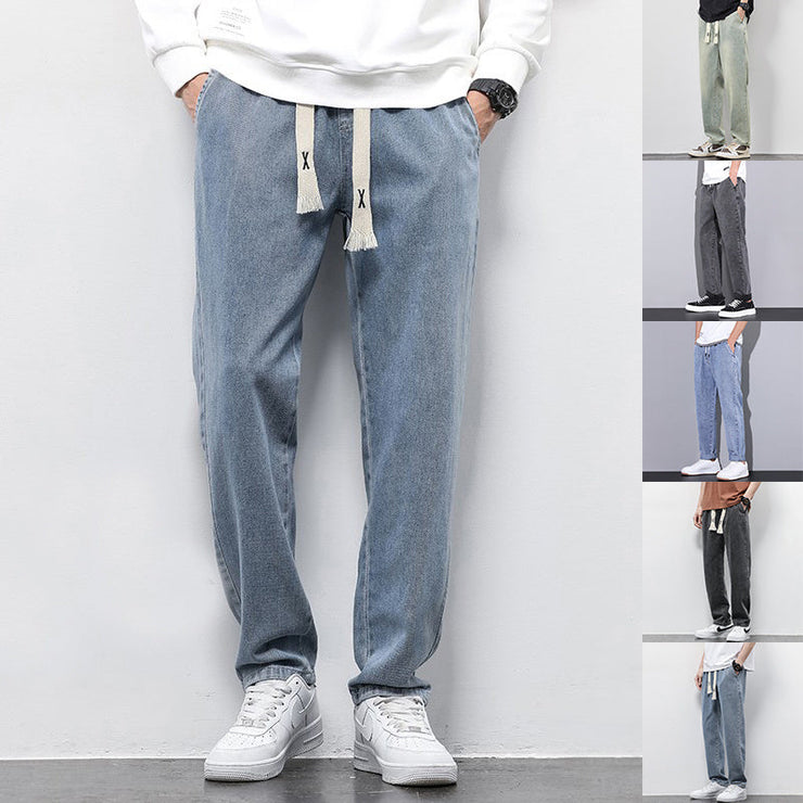 Summer Loose Wide Leg Jeans Pants Men Fashion Drawstring Elasticated Straight Trousers null